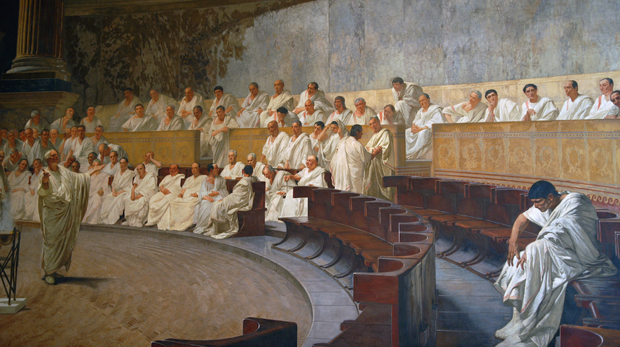 Cicero denunțându-l pe Catilina &ndash; frescă de Cesare Maccari (1840-1919 CE)