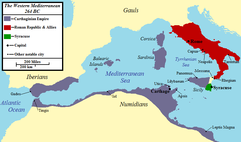 Harta Romei vs. Cartaginei în primul război punic (via Wikipedia)