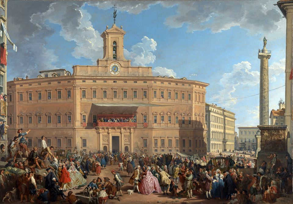 Columna lui Marcus Aurelius în dreapta picturii lui Giovanni Paolo Panini - Lotteria in piazaz di Montecitorio (via)
