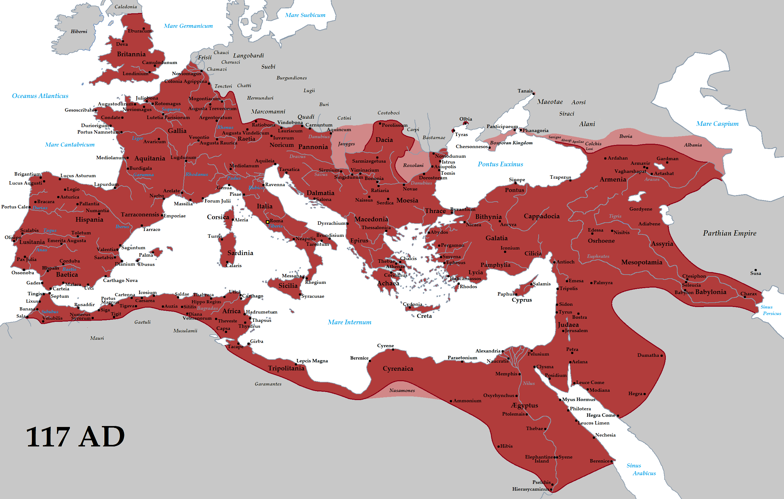 Imperiul roman la întinderea maximă, cu licențele de rigoare, în anul 117 (sursa: wikipedia)