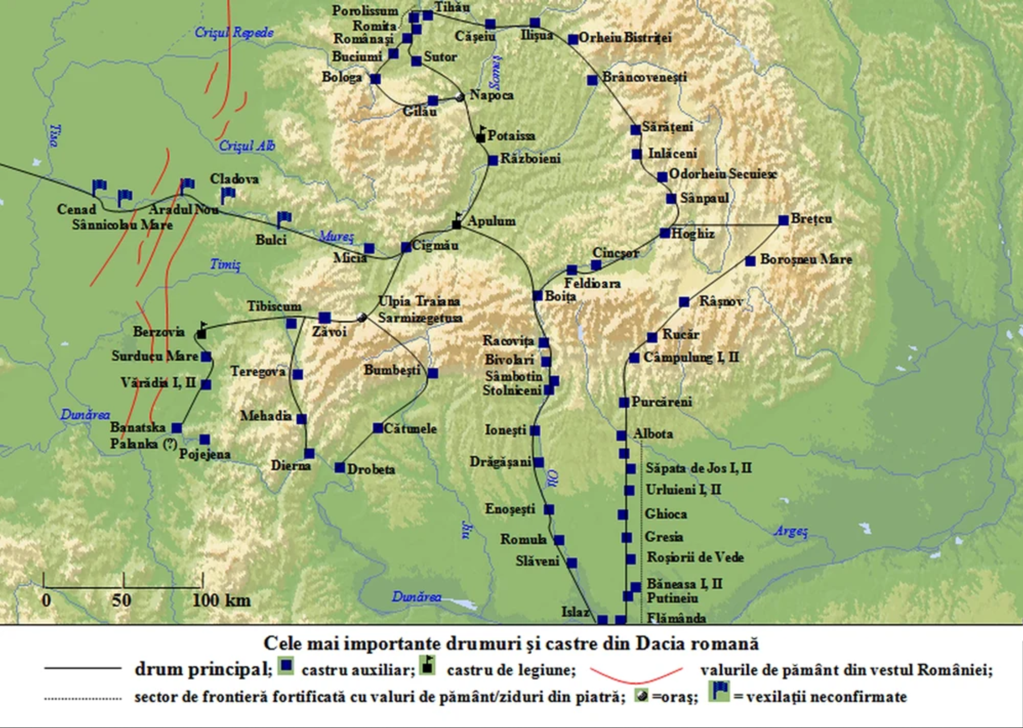 Drumuri și castre în Dacia Romană. Sursa: Revista Historia