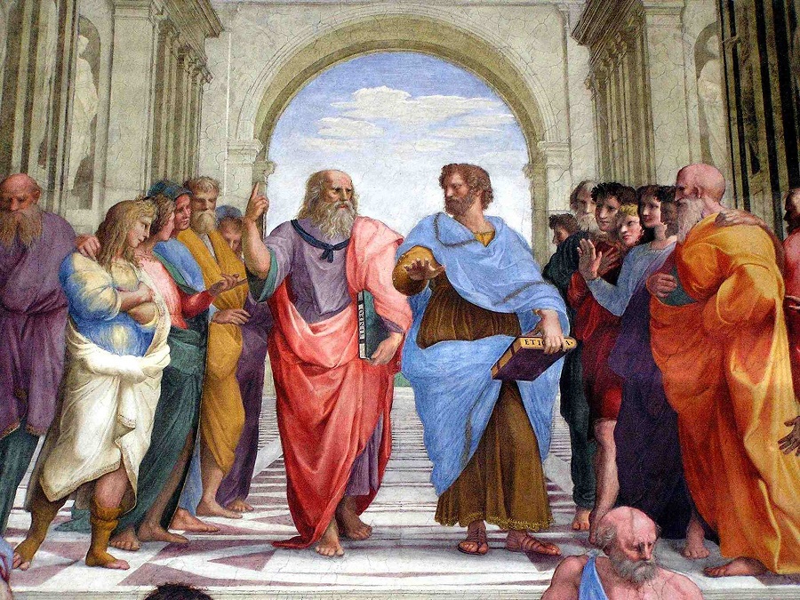 Platon și Aristotel discutând la Academie, așa cum i-a văzut Raphael între două felii de pizza
