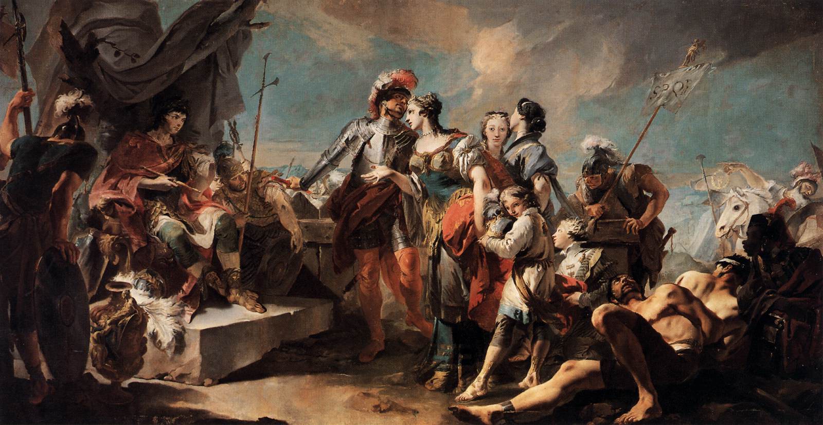 Regina Zenobia față în față cu Împăratul Aurelian, Giovanni Battista Tiepolo (1717), pictură în ulei la Museo del Prado, Madrid (via WikiArt)