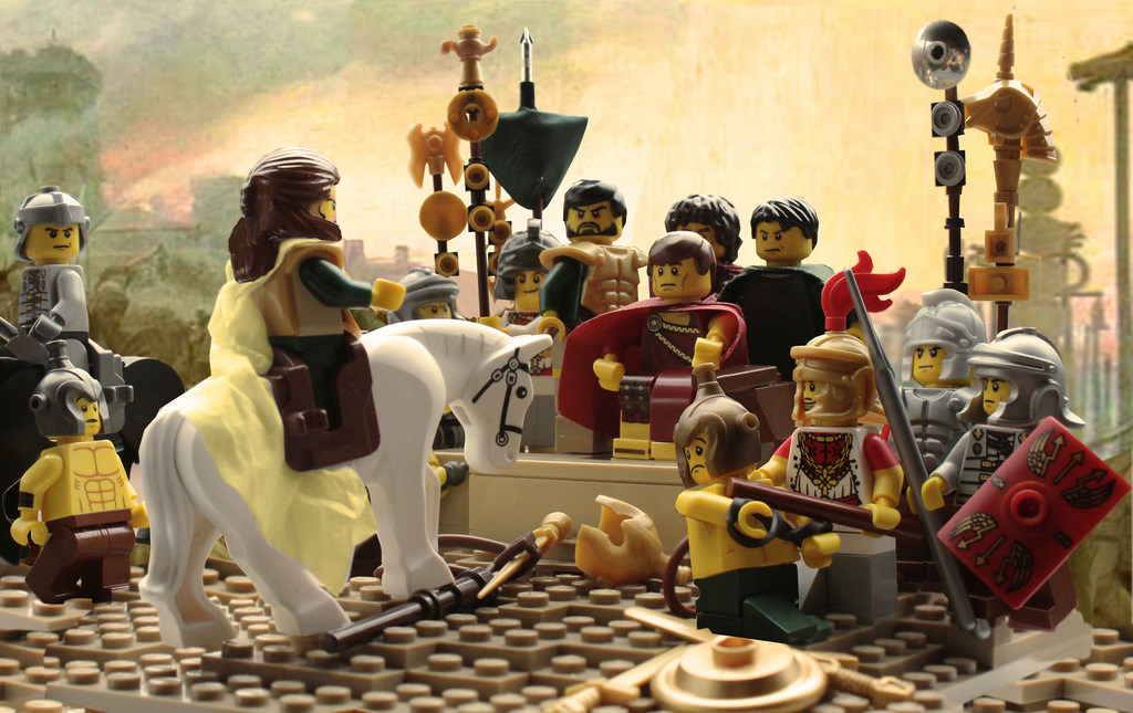 O reproducere cu lego-uri după o pictură care îl reprezintă pe Vercingetorix predându-se lui Cezar